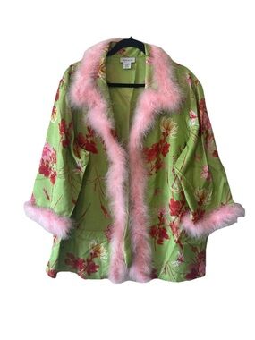 VTG Remade Pink Feather Trim Floral Jacket Pink Marabou Beaded Coquette 2XL Y2K